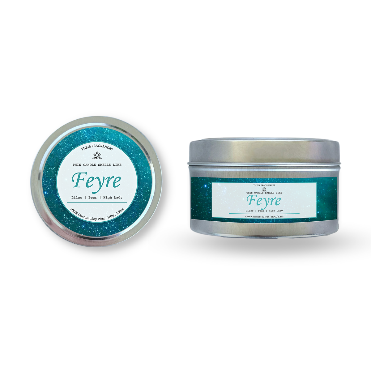 The 'High Lady of the Night Court' coconut soy wax candle by Theia Fragrances is demonstrated in the 110G tin candle. The label features a teal galaxy. It is styled on an open book with decorative crystals and flowers.