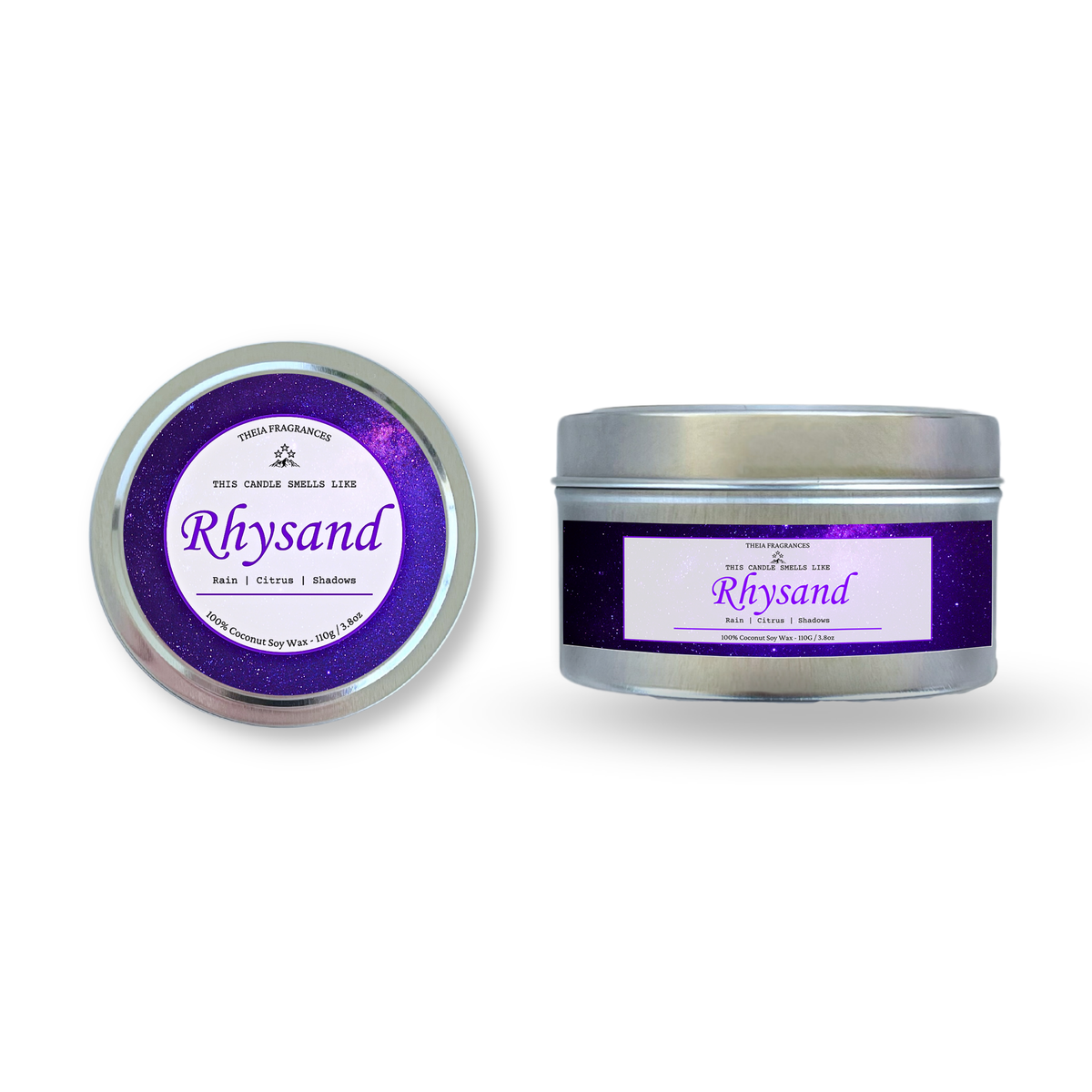 The 'High Lord of the Night Court' coconut soy wax candle by Theia Fragrances is demonstrated in the 110G tin candle. The label features a violet galaxy. It is styled on an open book with decorative crystals and flowers.