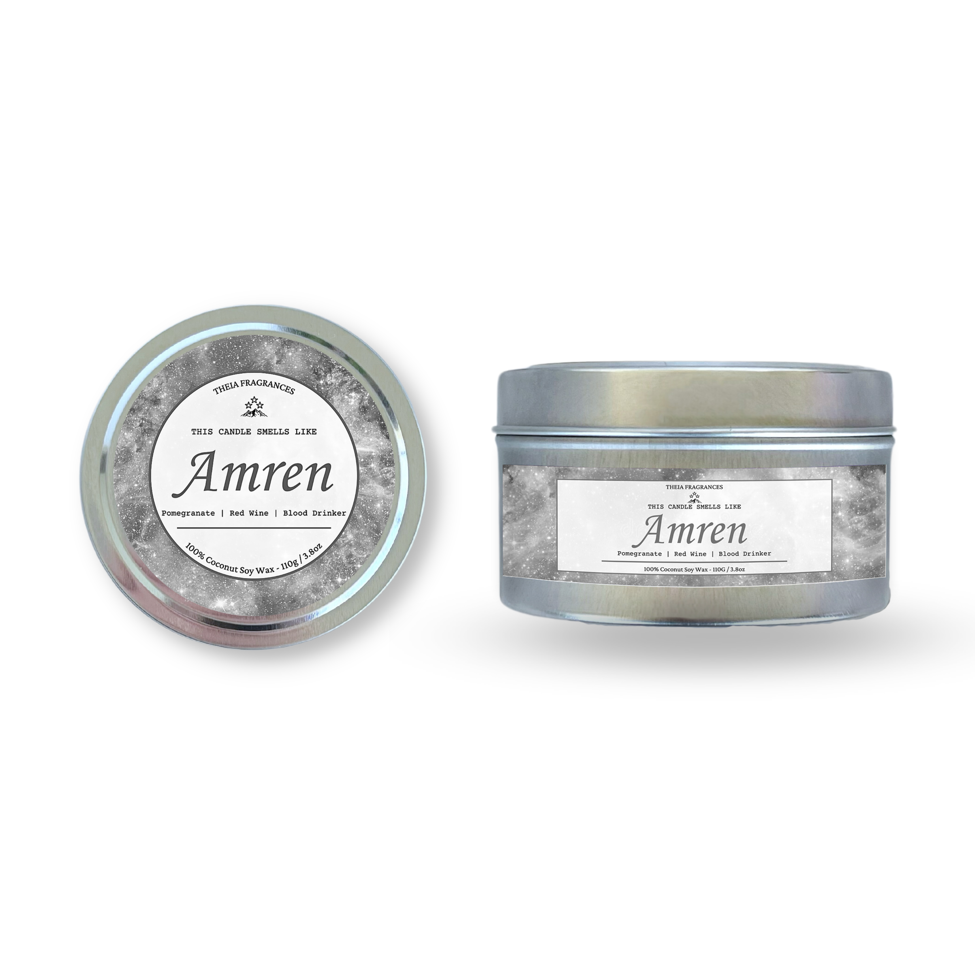 The 'Tiny Ancient One' coconut soy wax candle by Theia Fragrances is demonstrated in the 110G tin candle. The label features a grey galaxy. It is styled on an open book with decorative crystals and flowers.