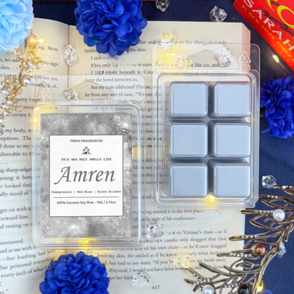 The 'Tiny Ancient One' coconut soy wax candle by Theia Fragrances is demonstrated in the 78G rectangular wax melt. The label features a grey galaxy. It is styled on an open book with decorative crystals and flowers.