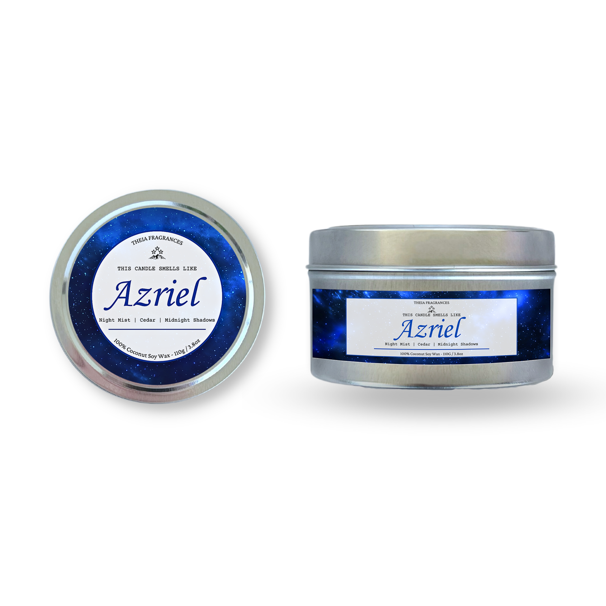 The 'Spymaster' coconut soy wax candle by Theia Fragrances is demonstrated in the 110G tin candle. The label features a blue galaxy. It is styled on an open book with decorative crystals and flowers.