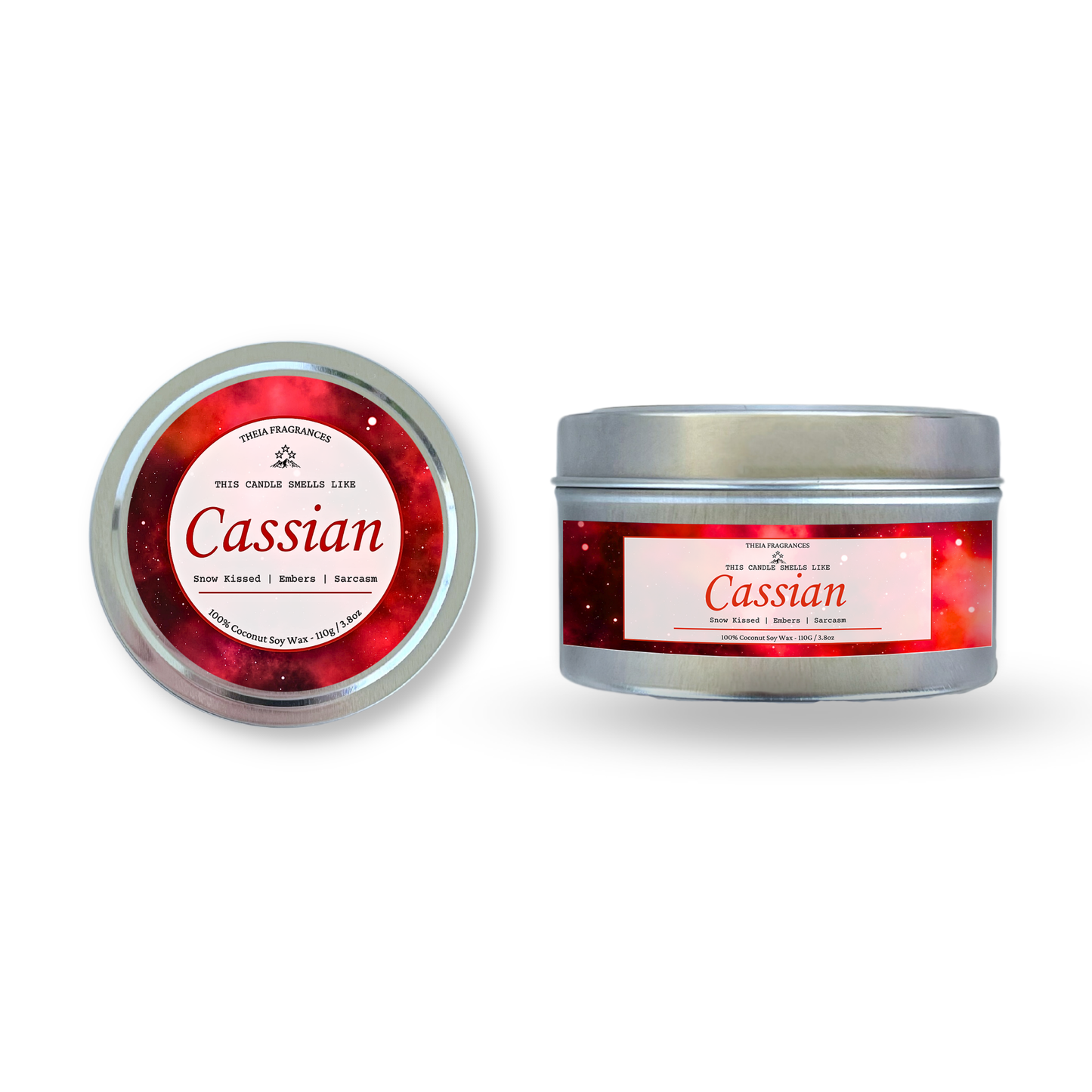 The 'Sarcastic Illyrian Warrior' coconut soy wax candle by Theia Fragrances is demonstrated in the 110G tin candle. The label features a red galaxy. It is styled on an open book with decorative crystals and flowers.