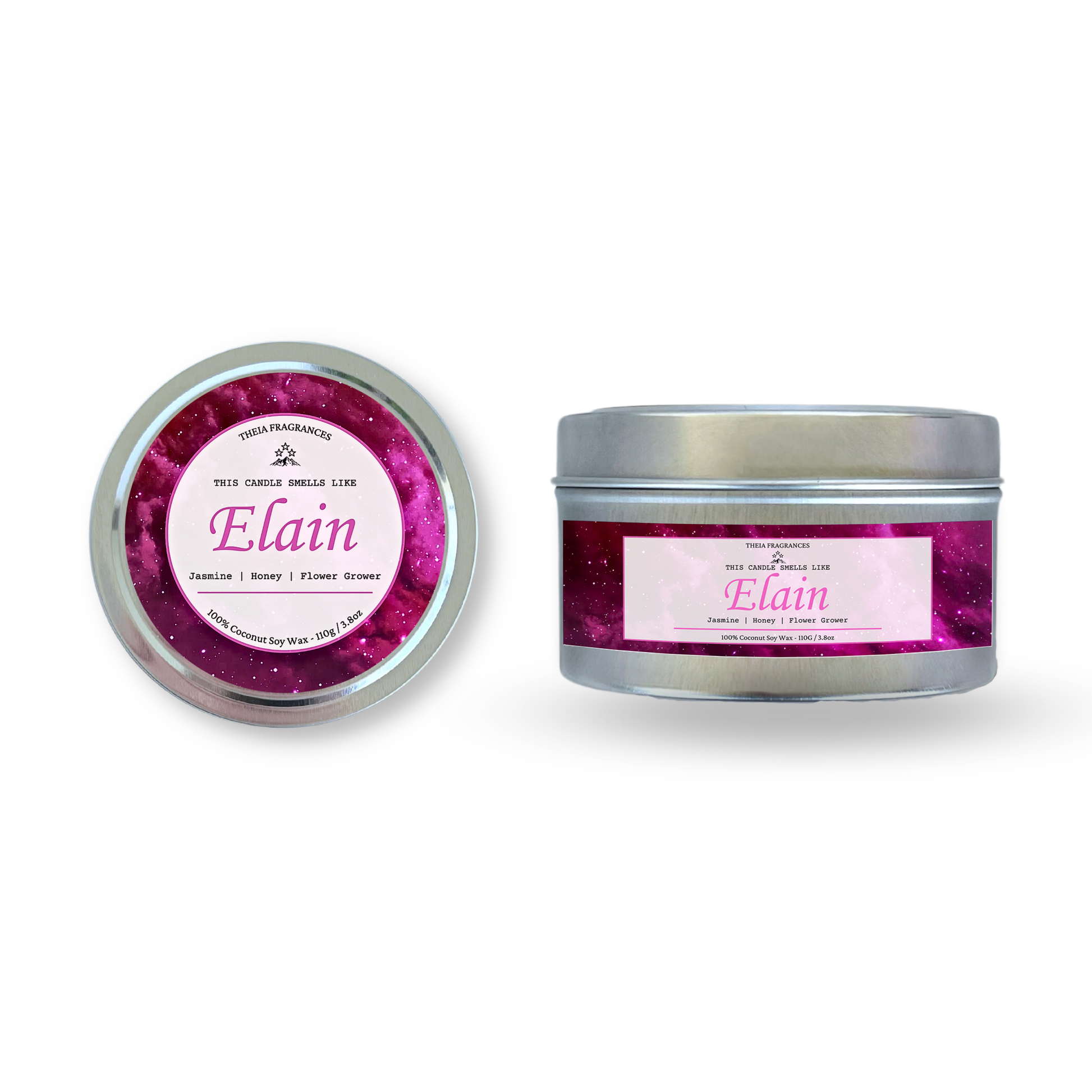 The 'Flower Grower' coconut soy wax candle by Theia Fragrances is demonstrated in the 110G tin candle. The label features a pink galaxy. It is styled on an open book with decorative crystals and flowers.