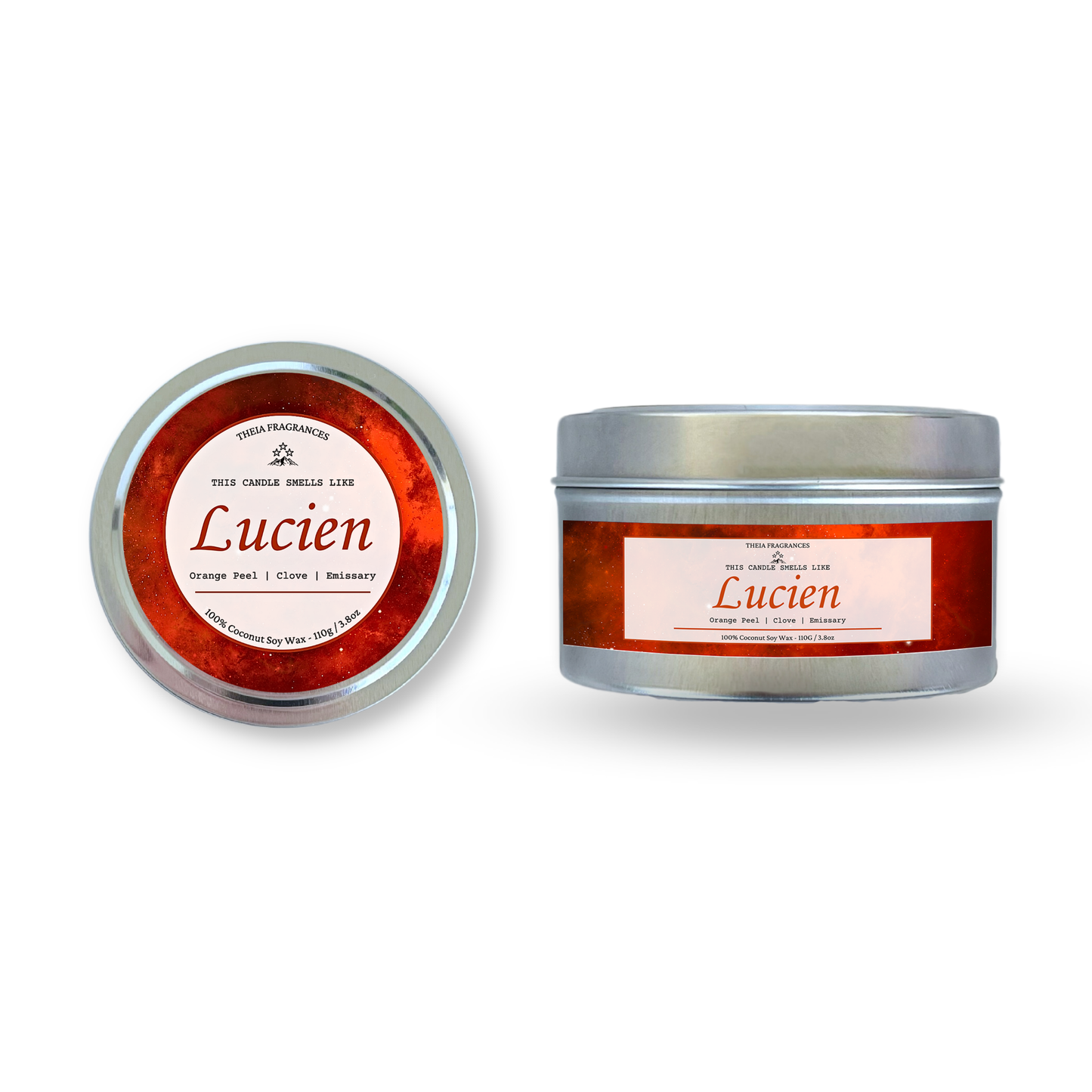 The 'Emissary' coconut soy wax candle by Theia Fragrances is demonstrated in the 110G tin candle. The label features an orange galaxy. It is styled on an open book with decorative crystals and flowers.