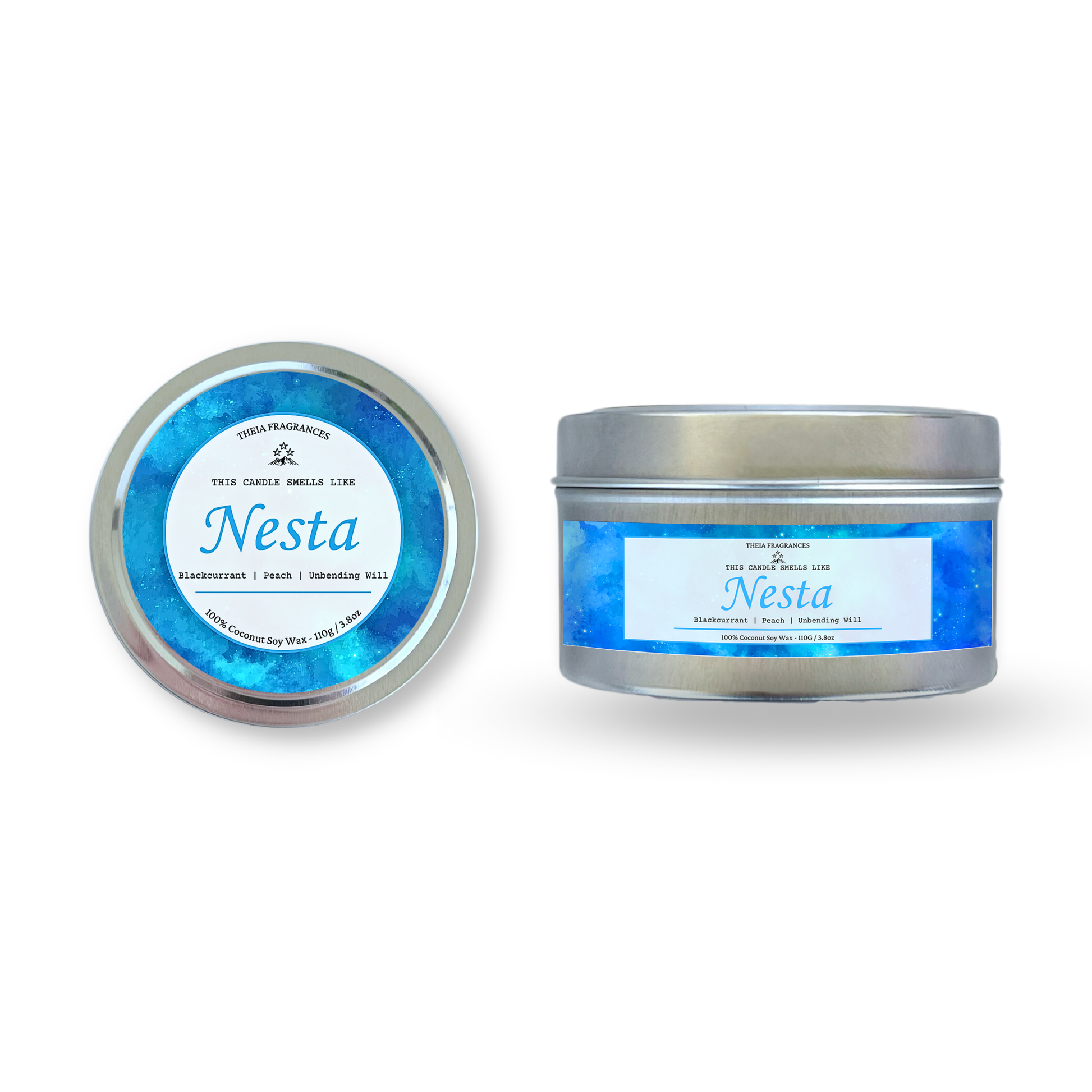 The 'Fire, Steel & Unbending Will' coconut soy wax candle by Theia Fragrances is demonstrated in the 110G tin candle. The label features a light blue galaxy. It is styled on an open book with decorative crystals and flowers.