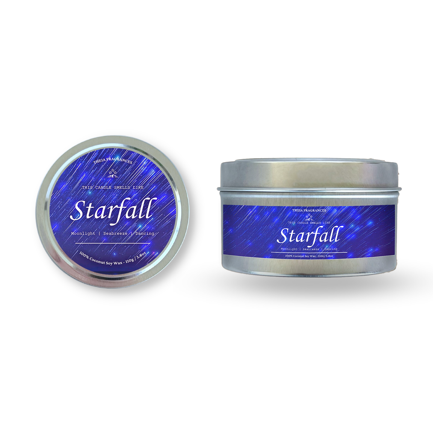 The 'Starfall' coconut soy wax candle by Theia Fragrances is demonstrated in the 110G tin candle. The label features a blue starry sky. It is styled on an open book with decorative crystals and flowers.
